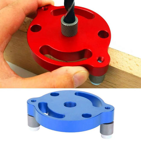 Heavy Duty Aluminum Wood Panel Hole Puncher With Ridiculously Precise Center Punching Gauge for layout, showing red and blue tools during use.