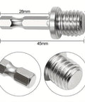 Heavy Duty Quarter Inch Hex Shank Drill Adapter With M14 Screw Thread Connecting Rod dimensions 28mm wide, 45mm long, steel material