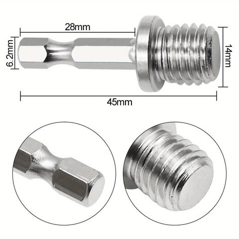 Heavy Duty Quarter Inch Hex Shank Drill Adapter With M14 Screw Thread Connecting Rod dimensions 28mm wide, 45mm long, steel material