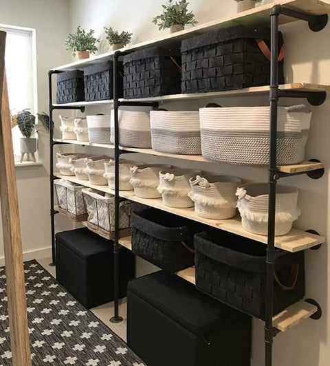 5-Tier Pipe Shelf System For Wall Mount DIY Open Bookshelf With Hanging Brackets Built Tough For Kitchen Office Or Garage 68 Inches Tall Customizable Width Up To 60 Inches Wood Planks Not Included used as storage