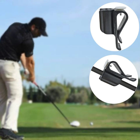 Two Pack Putter Clip Holder For Golf Bag, Durable Plastic Black Golf Accessories, shown clipped on and with golfer on course