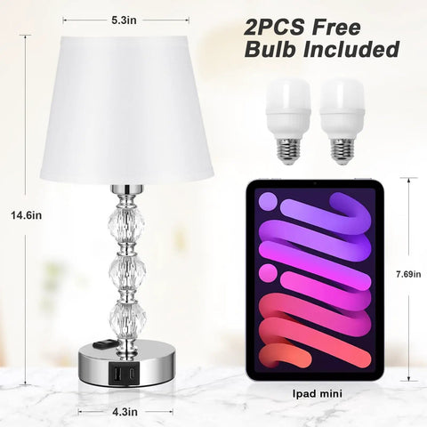 Crystal Table Lamp Set Of 2 With USB A And USB C Ports And 2 Pin Outlet Charge Up To Six Gadgets 14.6 Inch Tall White Lamp