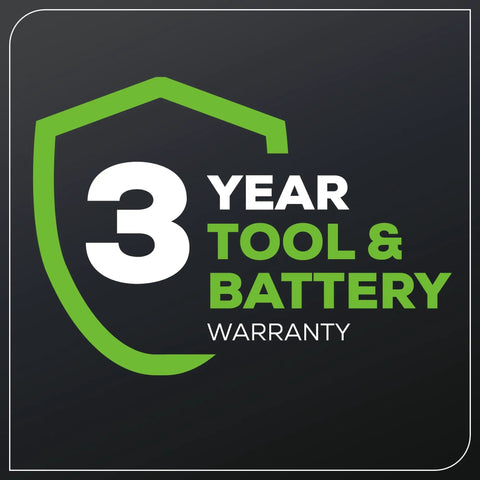 3 year tool and battery warranty logo with green shield design.