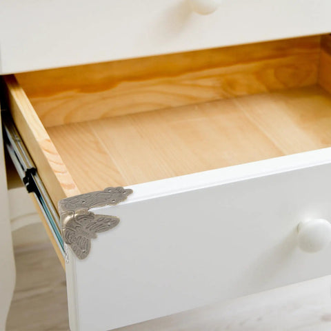 Drawer with Old School Antique Style Iron Corner Protectors for Vintage Wooden Boxes and Jewelry Boxes in butterfly design