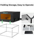 Front view of Creality laser engraver enclosure 2.0 in black with orange window, vent tube, and metal frame kit