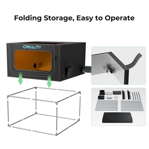 Front view of Creality laser engraver enclosure 2.0 in black with orange window, vent tube, and metal frame kit