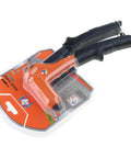 Heavy Duty Manual Pop Rivet Tool Kit with Ergonomic Rubber Coated Handle in packaging, showing lockable grip and orange tool body.