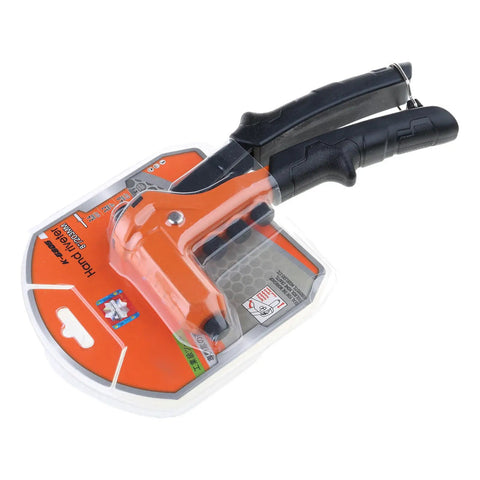 Heavy Duty Manual Pop Rivet Tool Kit with Ergonomic Rubber Coated Handle in packaging, showing lockable grip and orange tool body.