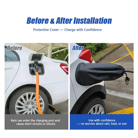 Before and after view of All Weather Magnetic EV Charger Port Cover Chrysler Pacifica Hybrid on a vehicle.