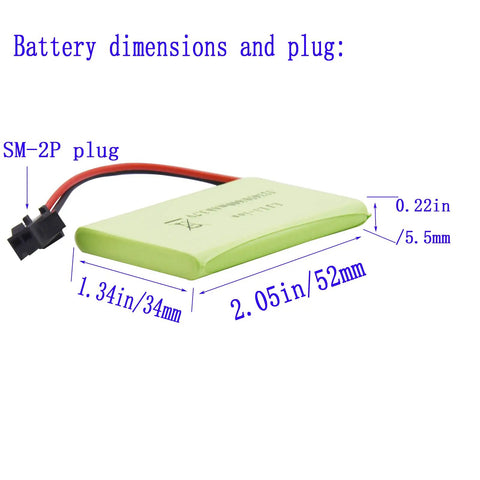 Dimensions of Two Pack 3.7V 600mAh Li-Ion Rechargeable Batteries with SM-2P plug for RC Dog Robot K9 remote control toys.