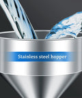 Heavy Duty Stainless Steel Paste Filling Machine With Wide Mouth Hopper For No Sweat Bottle Filling At 40 Liters Per Minute, showcasing a stainless steel hopper with flowing liquid.