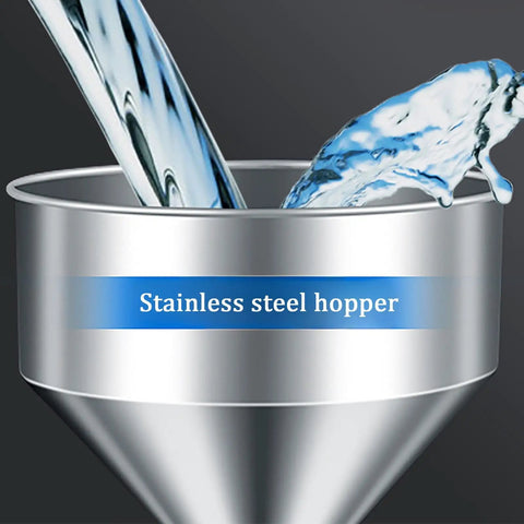 Heavy Duty Stainless Steel Paste Filling Machine With Wide Mouth Hopper For No Sweat Bottle Filling At 40 Liters Per Minute, showcasing a stainless steel hopper with flowing liquid.