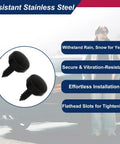 24 Piece Rustproof License Plate Screws With Caps Black Stainless Steel Universal Fit Fasteners Kit features and uses shown.