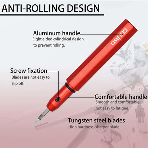 Total Game Changer Scale Model Scribing Tool With Razor Sharp Tungsten Steel Chisel And Premium Enamel Scribing Tapes For Gundam Builders Locking In Crisp Cuts Zero Mess Guaranteed, featuring a red aluminum handle.