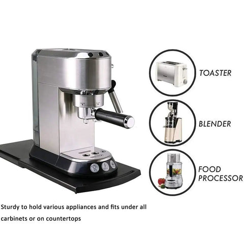 Sliding Tray Mat For Heavy Countertop Appliances No More Lifting Move Coffee Makers, Blenders, Air Fryers, Stand Mixers And Food Processors With Ease Under Cabinet Sliding Caddy For Kitchen Countertop Organization showing coffee machine on mat