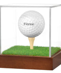 Epic Golf Ball Display Case With Clear Acrylic Cube And Solid Wood Base Keeps One Ball Protected From Dust And UV Protection, front view