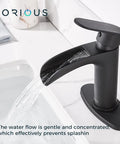 Black 6 Inch Corner Bathroom Sink Faucet With Waterfall Flow Single Hole Design Dope Look Metal Pop Up Drain Stopper Included Supply Lines Easy Temp Control Sleek RV Friendly Bathroom Tap