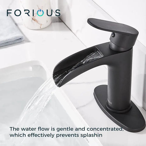Black 6 Inch Corner Bathroom Sink Faucet With Waterfall Flow Single Hole Design Dope Look Metal Pop Up Drain Stopper Included Supply Lines Easy Temp Control Sleek RV Friendly Bathroom Tap