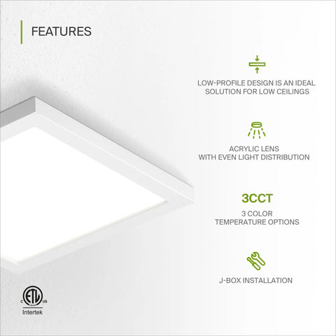 Lit 9 Inch LED Square Flush Mount Ceiling Light 18W features low-profile design, acrylic lens, 3CCT options, ETL listed