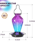 Outdoor Hummingbird Nectar Feeder 25 Oz With Perch And 5 Flower Ports No Fuss Easy Fill Leak Proof Base Hanging Garden Hook Diamond Purple Finish Gift For Women Who Love Birds with dimensions shown