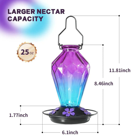 Outdoor Hummingbird Nectar Feeder 25 Oz With Perch And 5 Flower Ports No Fuss Easy Fill Leak Proof Base Hanging Garden Hook Diamond Purple Finish Gift For Women Who Love Birds with dimensions shown