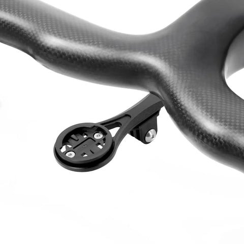 Close-up of Aero Integrated Out Front Handlebar Mount System for Bikes, CNC 6061 T6 Aluminum, attached to curved handlebars.