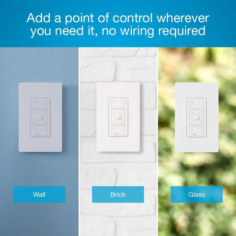Pico Remote For Caseta Smart Dimmers And Plug In Lamp Dimmers, Three Button Control shown on wall, brick, and glass surfaces