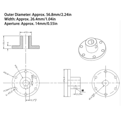 Technical drawing of Aluminum Flange Coupling For RC Models 14mm Shaft with dimensions and high precision engineering details.