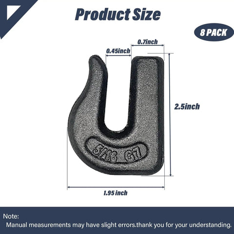 8 Pack 5/16 Inch G70 Weld On Grab Chain Hooks For Chains And Tractor Buckets, Heavy Duty Weld-On Hooks Set, 4700 Lb Working Load Limit, Forged Steel Construction, 2.5 In Long By 1.95 In Wide. size chart of one forged steel hook