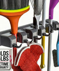 Heavy Duty Broom And Mop Wall Mount Organizer With Five Slots And Six Hooks Wall Mounted Broom Rack holding cleaning tools