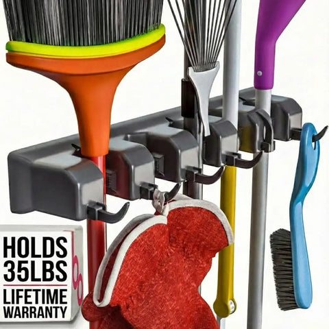 Heavy Duty Broom And Mop Wall Mount Organizer With Five Slots And Six Hooks Wall Mounted Broom Rack holding cleaning tools