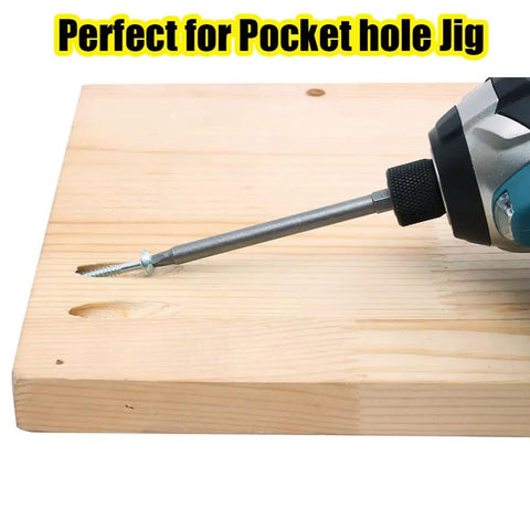 Three Pack Number Two Square Driver Bit Set with drill in pocket hole jig for woodworking projects showing 6-inch bit in use