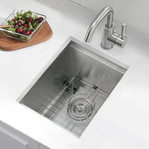 Undermount Stainless Steel Kitchen Bar Sink 15 x 18 x 9 Inches 18 Gauge Heavy Duty Workstation with brushed finish, faucet view.