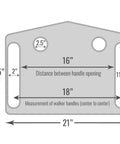 Diagram showing dimensions of Walker Tray With Cup Holders For Standard And Folding Walkers, size 21x16 inches, handle spacing 16-19 inches.