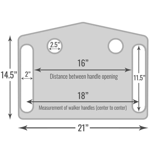 Diagram showing dimensions of Walker Tray With Cup Holders For Standard And Folding Walkers, size 21x16 inches, handle spacing 16-19 inches.