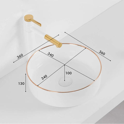 Built Tough Rectangular Ceramic Vessel Sink For Modern Bathroom Vanities Above Counter Wash Basin with gold faucet, 360mm size.