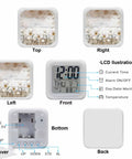 Straight Fire Floral Cube Digital Alarm Clock With Seven Color LED Nightlight Ridiculously Smooth Silicone Buttons And Chic Retro Art Displaying Time Date Plus Room Temp For Bedrooms And Offices top, left, right, front views showing time, date, temperature, and decorative floral design.