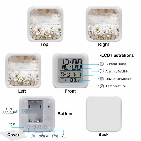 Straight Fire Floral Cube Digital Alarm Clock With Seven Color LED Nightlight Ridiculously Smooth Silicone Buttons And Chic Retro Art Displaying Time Date Plus Room Temp For Bedrooms And Offices top, left, right, front views showing time, date, temperature, and decorative floral design.