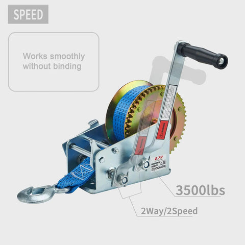 Heavy Duty 3500 Lbs Boat Trailer Winch With 32 Foot Strap, Hand Winch, 2 Way 2 Speed Gear Ratio metal hand crank with blue strap
