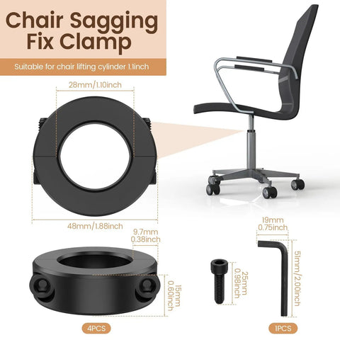 Strong Steel Shaft Collar Clamp Kit Fixes Wobbly Office Chair Sagging Issue Using Precision Hardware To Stop Cylinder Sinking Without Expensive Replacements For Home Or DIY Jobs Ensures High Durability And Function With Reliable Performance Call Now. black steel chair clamp 28mm 4-piece set