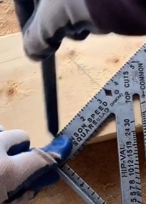 Hands using 7 Inch Speed Square Blue For Framing And Woodworking With Multi Gradation Markings to mark angles on a wooden board