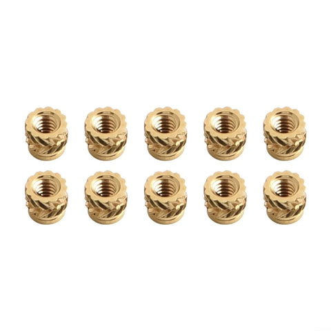 Top Tier Brass Knurled Heat Set Threaded Inserts For 3D Prints And Thermoplastics shown in a pack of 10 with detailed knurling for grip.