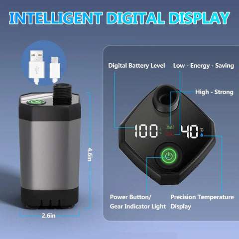Handheld Camping Shower With Quick Immersion Heating And 6000mAh Rechargeable Grip featuring digital display and power button.