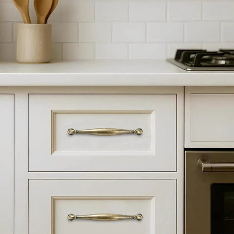 Two Pack 4 Inch Hole-Center Antique English Brass Drawer Pulls Cabinet Handles For Bathrooms Dressers Wardrobes And Closet Doors Solid Heavy-Duty Traditional Hardware With 102mm Center-To-Center on white kitchen drawers