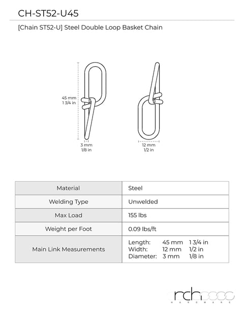 Diagram of 10 Gauge Decorative Solid Steel Double Loop Chain Sold By The Reel, 164 Feet with measurements.