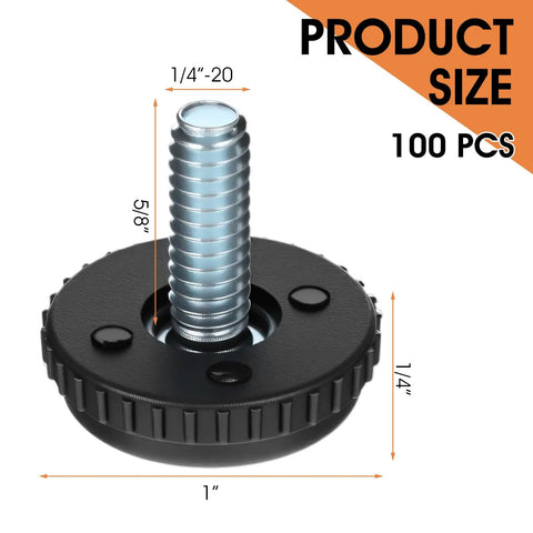 100 Pack 1/4-20 Stainless Steel Adjustable Furniture Levelers Screw In Threaded Leveling Feet for Tables Chairs Cabinets showing dimensions.