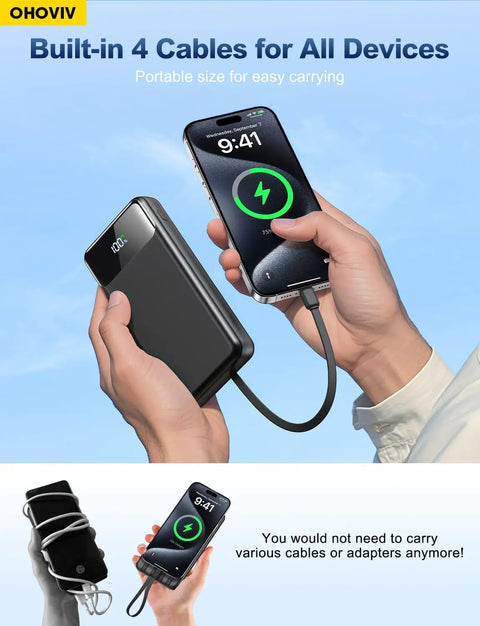 Heavy Duty Beast Mode Portable Charger Power Bank With Massive 50000 Mah Capacity and Four Built In Cables in hand with smartphone charging