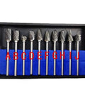 Heavy Duty Tungsten Carbide Drill Bits And Rotary Milling Cutters With One Eighth Inch Shank in a 10-piece set with a case for precision cutting.
