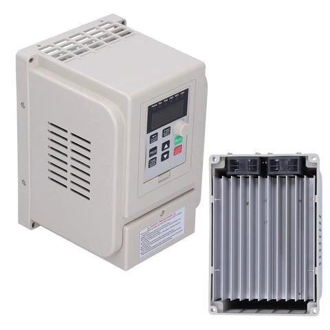 Front and side view of Gear Up Your Motor With AT5-2200X 2.2KW VFD Variable Frequency Drive Inverter with digital display and cooling fins.