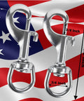 Heavy Duty Marine Grade 316 Stainless Steel Bolt Snap Hooks on American flag background, 3-inch size with swivel base.
